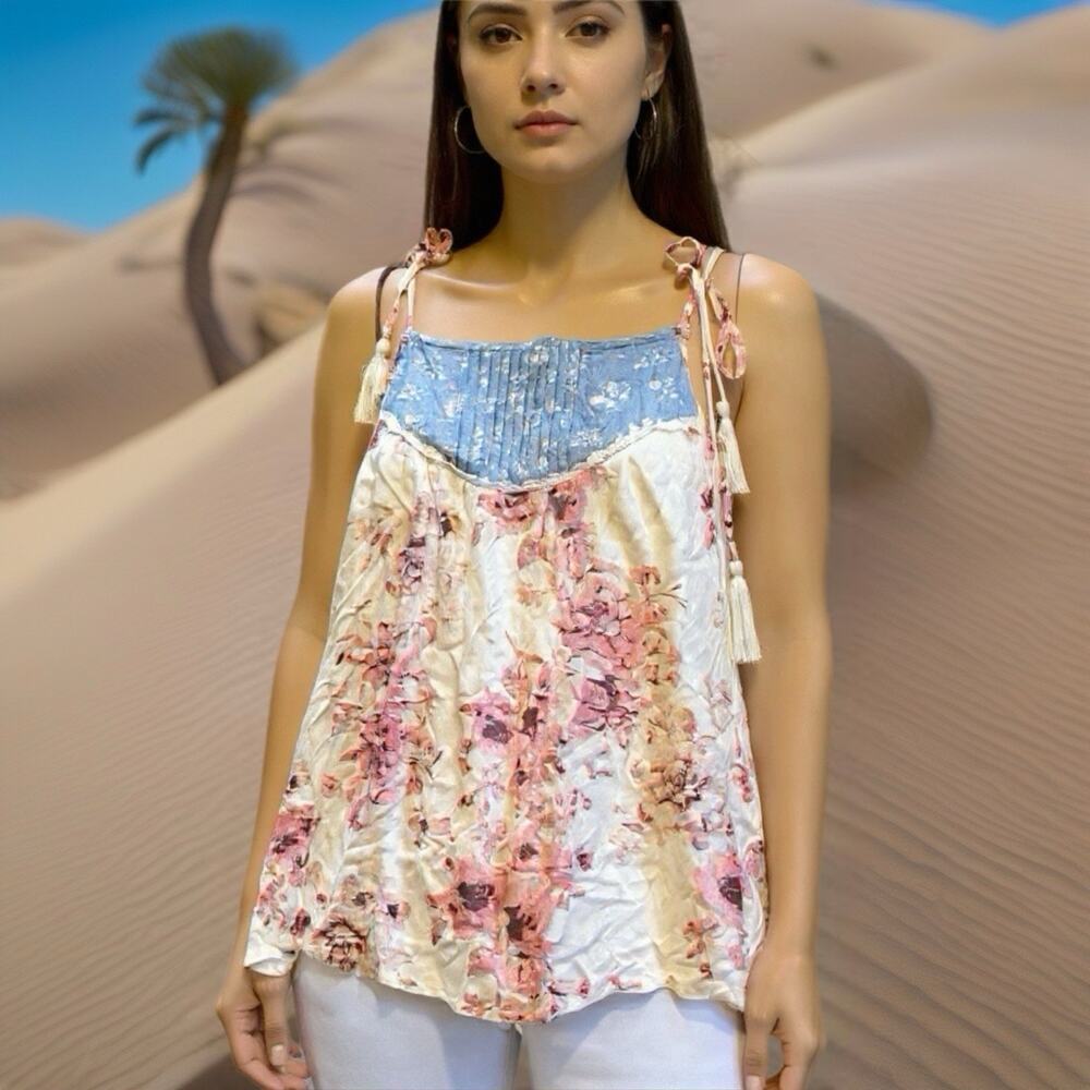 Blue Rain Women M Tank Top Floral Tie Shoulder Bohemian Cottagecore Beach Resort